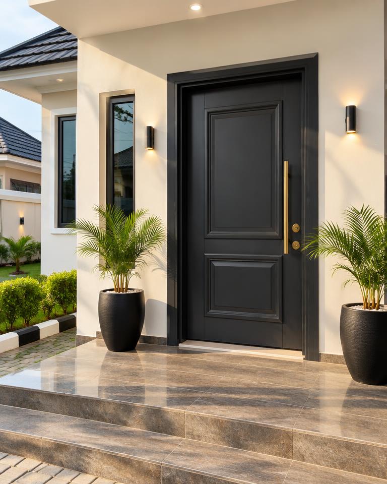 Finished modern home entrance with a dark front door