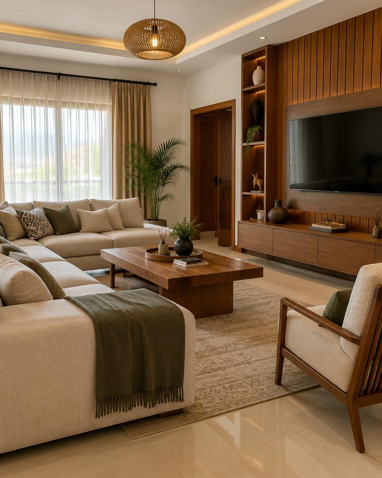 Warm furnished living room interior with timber finishes