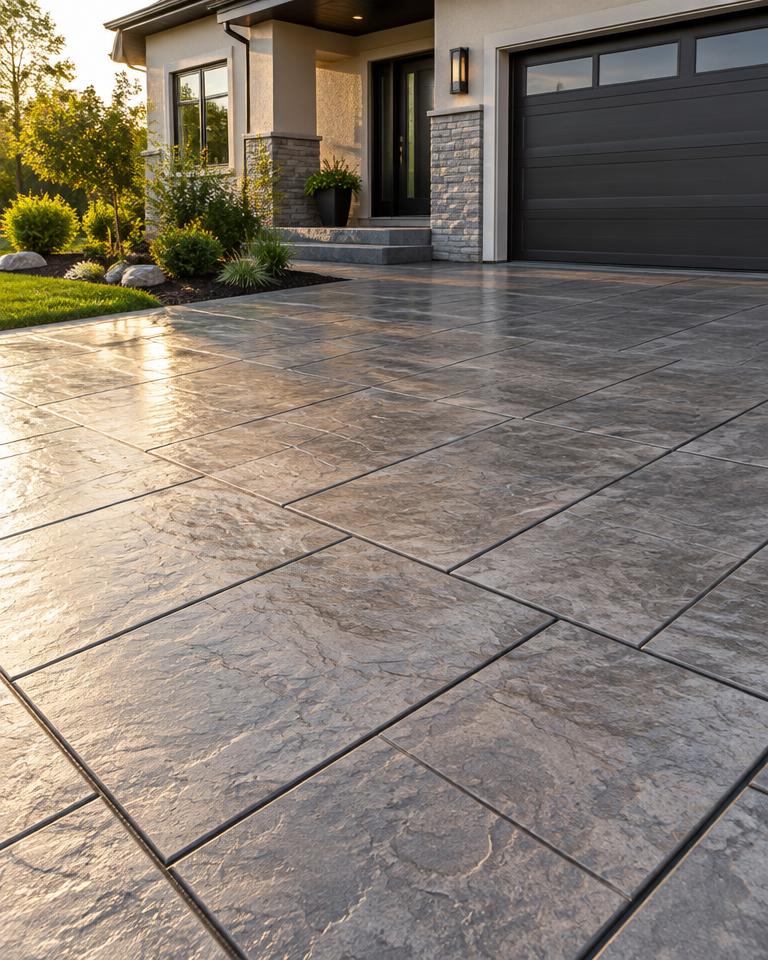 Stamped concrete driveway beside a modern home